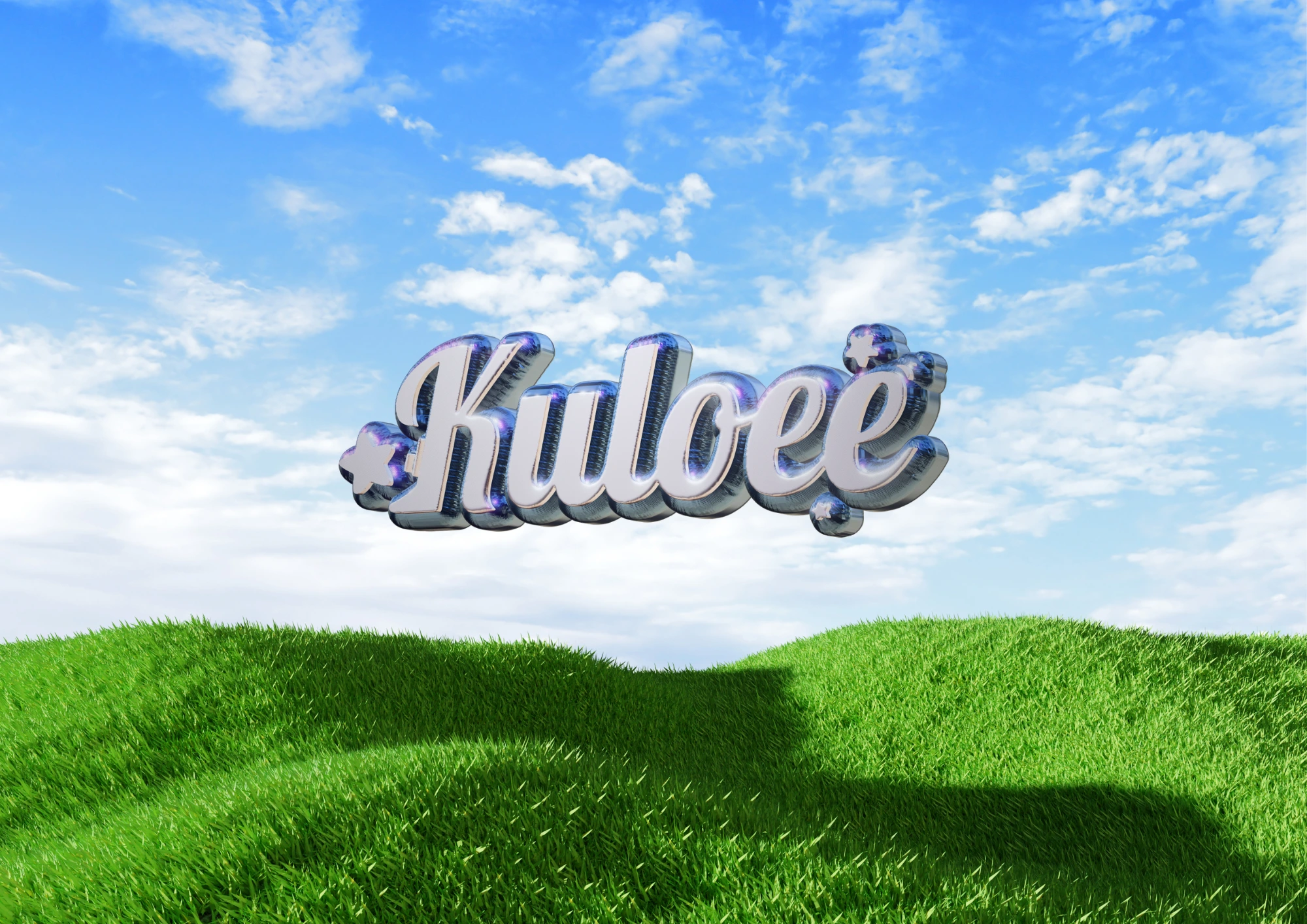 Chrome Kuloe logo floating in a blue sky above vivid green grass. Brand communication designer, Kexin Chen.